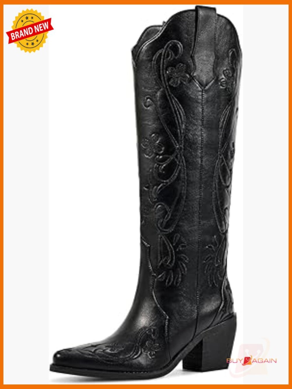 Knee High Cowgirl Boots with Floral Embroidery Pointed Toe Chunky Heel Pull On